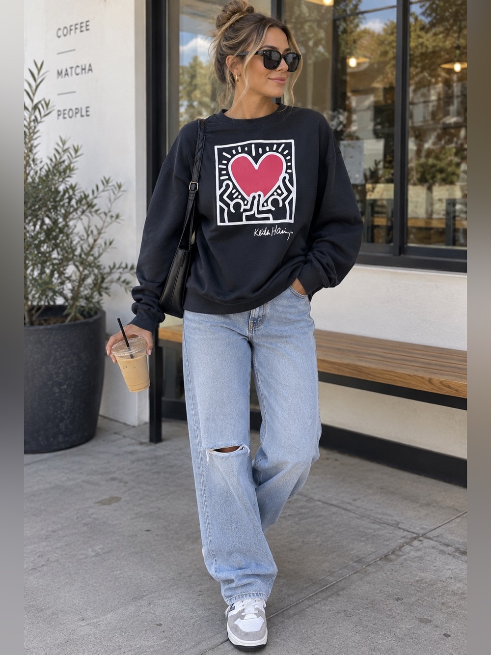 Keith Haring Black Graphic Heart Sweatshirt Streetwear Crewneck